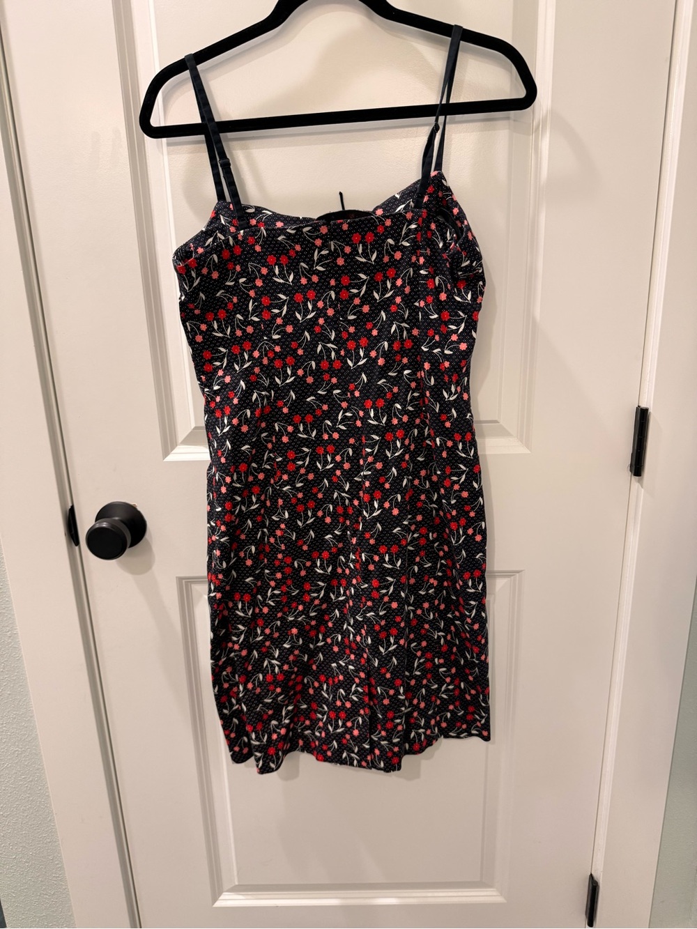 LOFT Black Mini Slip Dress with Red Cherry Print